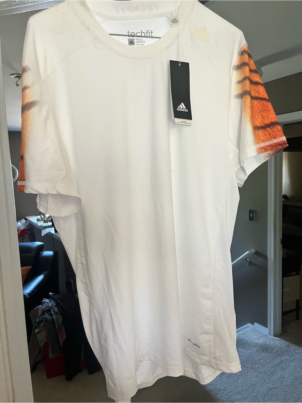 adidas White Short-Sleeve Techfit Tee with Orange Sleeve Detail